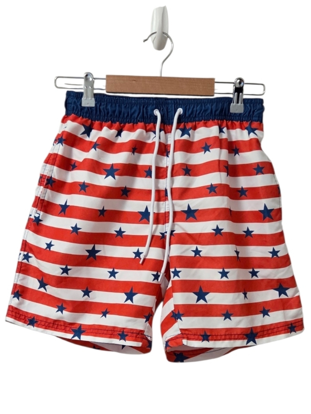 Patriotic American Flag Swim Trunks Men’s Small Stars Stripes Lined 6” Inseam